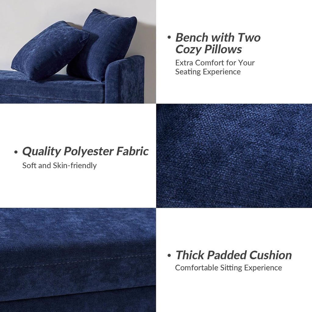 HULALA HOME Modern Storage Ottoman Bench with Throw Pillows, 59.4" Extra Long Bedroom Bench for End of Bed, Comfy Upholstered Footstool for Entryway Living Room Dining Room, Navy
