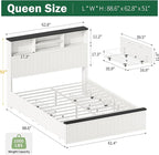 Yoobure Queen Bed Frame with Headboard - Farmhouse Wood Bed Frames Queen Size with 4 Storage Drawers, Platform Beds with Charging Station & LED Light, No Noise Double Bedframe, No Box Spring Needed