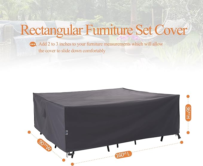 WJ-X3 Large Rectangular Outdoor Sectional Furniture Set Cover Waterproof, Dining Table Cover Wind Resistant, 160W x 90D x 36H in, Grey