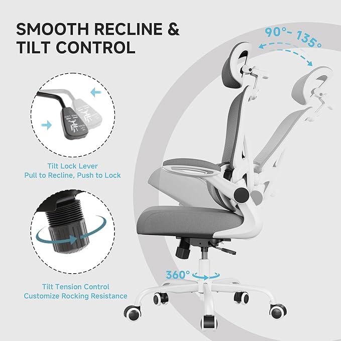 Ergonomic Office Chair with Adjustable Lumbar Support & Headrest, 330 LBS High Back Mesh Chair with Flip-up Armrests for Long Hours, Home Office Desk Chair, White and Gray