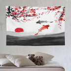 Houselerax Japanese Koi Fish Tapestries, Cherry Blossoms Asian Oriental Flower Branch Koi Fish Carp Tapestry Wall Hanging for Bedroom Living Room Office Decor 90"x60"