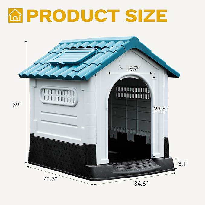 DWVO 41.3'' Plastic Foldable Dog House for Small, Medium, and Large Dogs, Waterproof Folding Pet House with Adjustable Top Window and Elevated Base (41.3''L x 34.6''W x 39''H)