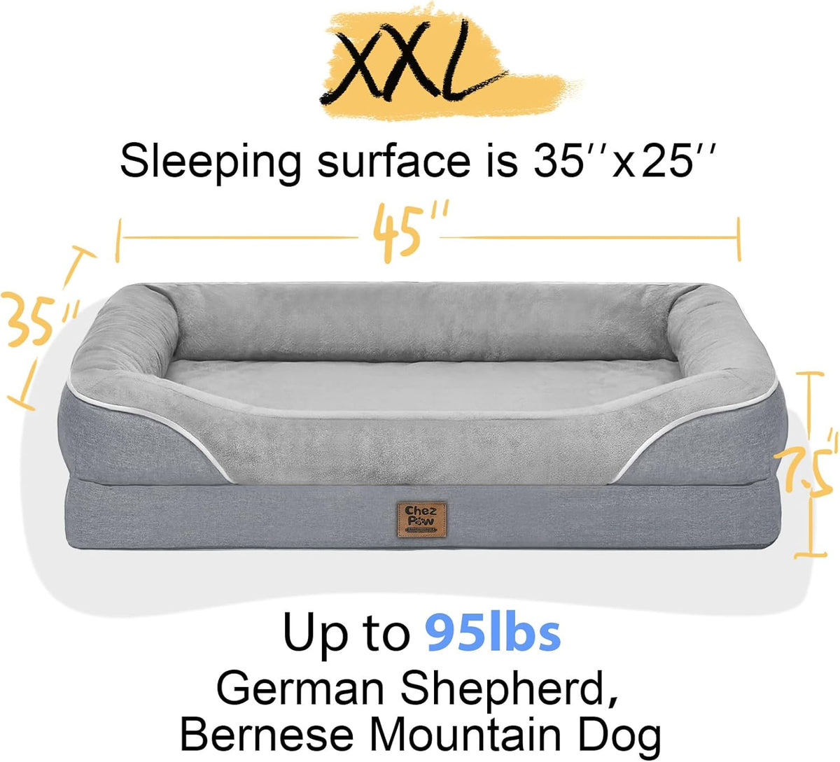 Washable Orthopedic Large Dog Bed - Extra Large Dog Beds with Bolsters Removable Orthopedic Foam Support Dogs Bed Waterproof Cover Non-Slip Bottom Pet Beds