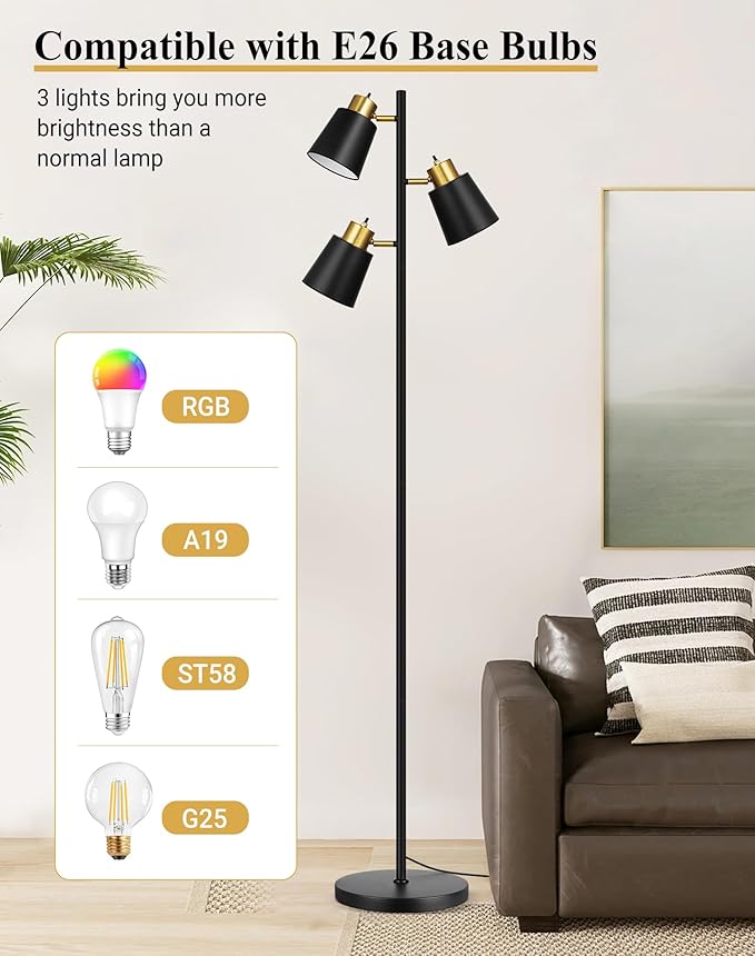 QiMH Tree Floor Lamps for Living Room, 67" Modern Standing Floor Lamp with 3 LED Bulb, Industrial Tall Lamp Reading Lighting for Bedroom Study Office Decor, 3 Rotatable Light Heads, Black Gold
