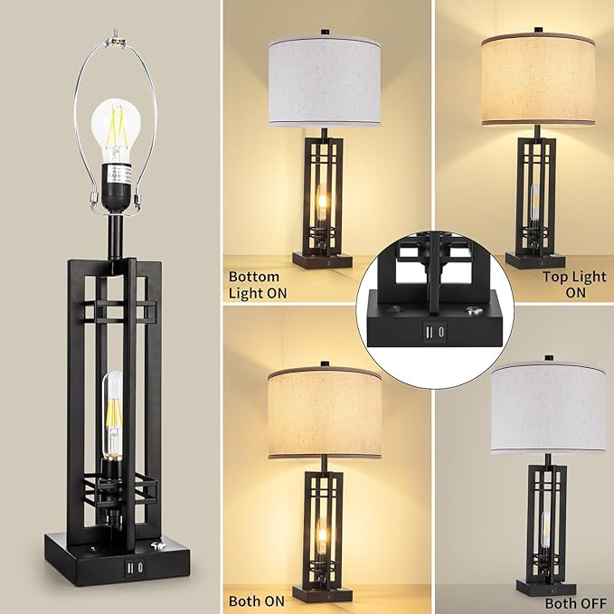 27" Touch Control Farmhouse Table Lamps, Set of 2 Tall Rustic Table Lamps 2-Light Design with USB A+C Ports, Bedside Lamps with Cream Shade for Living Room Home Office, 4 LED Bulbs Included