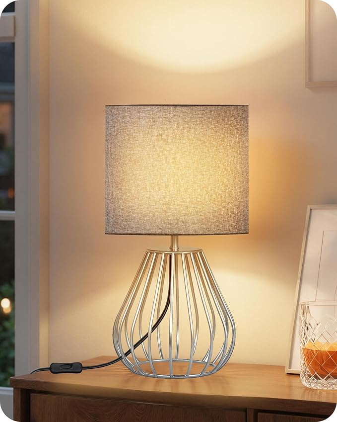 Small Table Lamp, Bedside Lamp with Grey Linen Lampshade & Silver Metal Base, Modern Nightstand Lamp, Little Cute Desk Lamp for Bedroom, Living Room, 2700K LED Bulb Included, SH06TL05