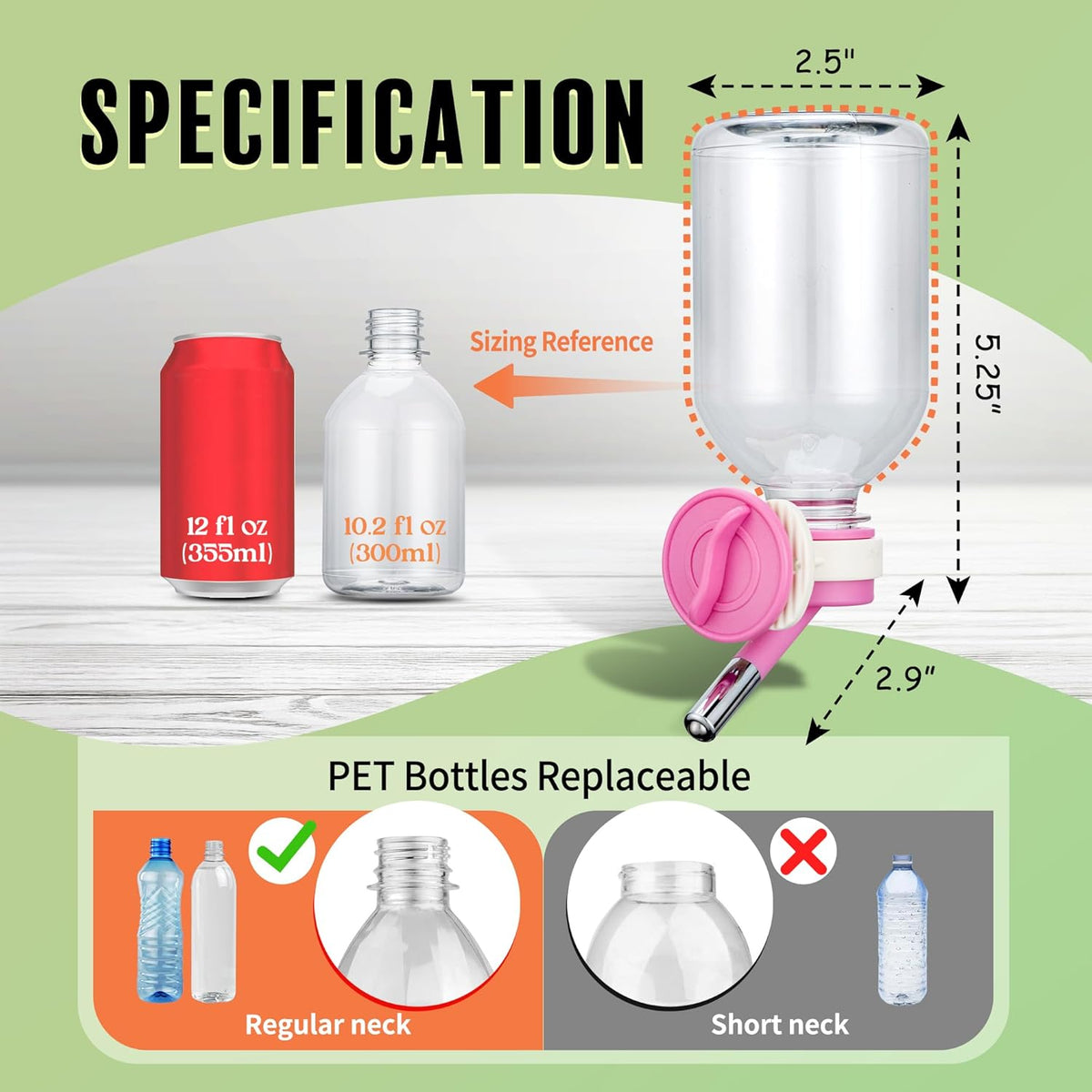 Choco Nose Patented Mini No-Drip Water Bottle/Feeder for Hamsters/Hedgehogs/Gliders/Rats/Mice/Other Small Pets and Animals - for Cages, Crates or Wall Mount. 10.2oz. Nozzle 10mm, Pink (C125)