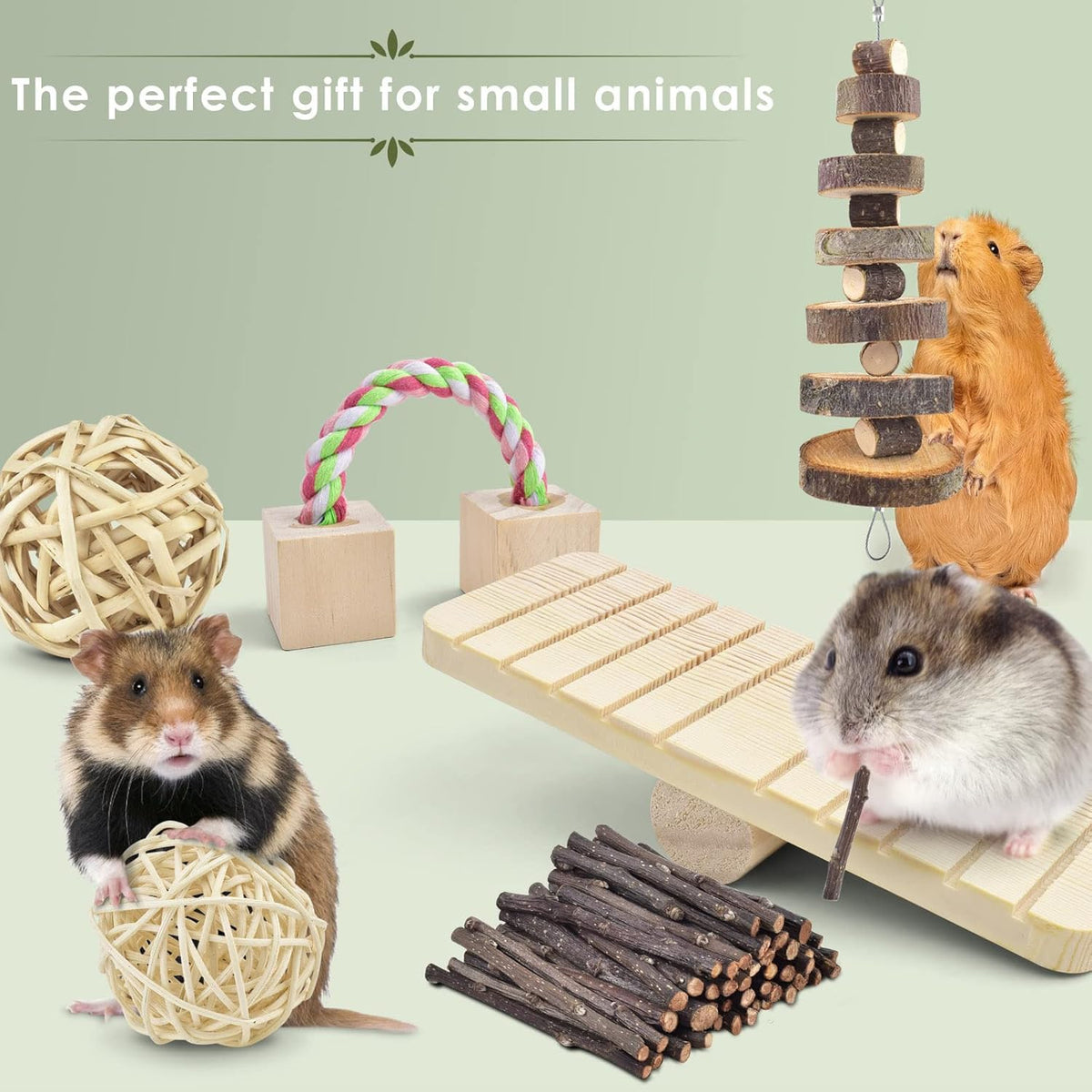 ERKOON New 12 Pack Hamster Chew Toys Gerbil Rat Guinea Pig Chinchilla Chew Toys Accessories, Natural Wooden Dumbbells Exercise Bell Roller Teeth Care Molar Toy for Rabbits Bird Rabbits Hamster Gerbil