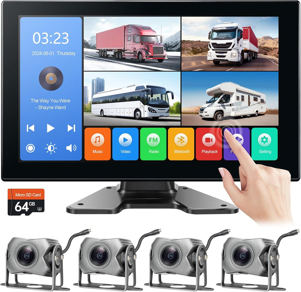 4-Channel 1080P Backup Camera for Truck/RV/Semi Trailer/Van/Cars 10.2inch Touch Monitor with DVR Recording/Playback/Bluetooth/FM Radio/Music/Video Player