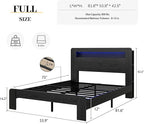 Full Size Wooden Bed Frame with Bookcace Storage Headboard, Rustic Farmhouse Bedframe with LED Lights and Charging Station, Sturdy and Stable, Slat Support, No Box Spring Required (Black, Full)