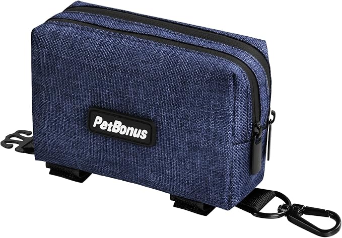 PetBonus Dog Poop Bag Holder, Portable Pet Waste Bag Dispenser, 2 Pouches for Treats and Walking Accessories, Fit All Leashes, Includes 1 Roll of Dog Poop Bags (Navy Blue)