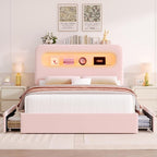 HOSTACK Full LED Bed Frame with Storage Headboard and Charging Station, Girls Bed Frame with 4 Drawers and USB Ports, Velvet Upholstered Platform Bed Frame with Bookcase, No Box Spring Needed, Pink