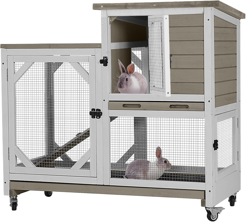 GUTINNEEN Rabbit Hutch Indoor Mobile Bunny Cage with Run Wooden 2 Story Guinea Pig Cage Outdoor for Small Animals with Wheels,Two Deeper No Leak Trays(Grey)