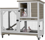 GUTINNEEN Rabbit Hutch Indoor Mobile Bunny Cage with Run Wooden 2 Story Guinea Pig Cage Outdoor for Small Animals with Wheels,Two Deeper No Leak Trays(Grey)