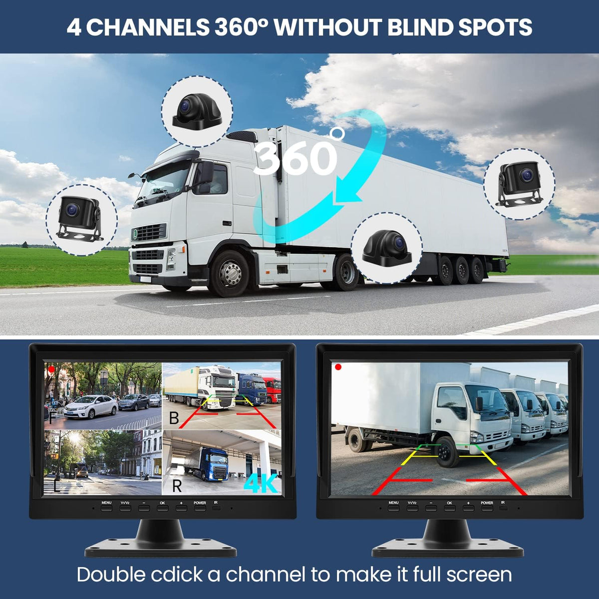 Wired Backup Camera System with 10.1?™â€?IPS Monitor for Truck RV Trailer Bus, Rear View Camera, with Side Front View Camera, 4 Split Screen, Super Waterproof, Night Vision, Easy Installation AHD1080P