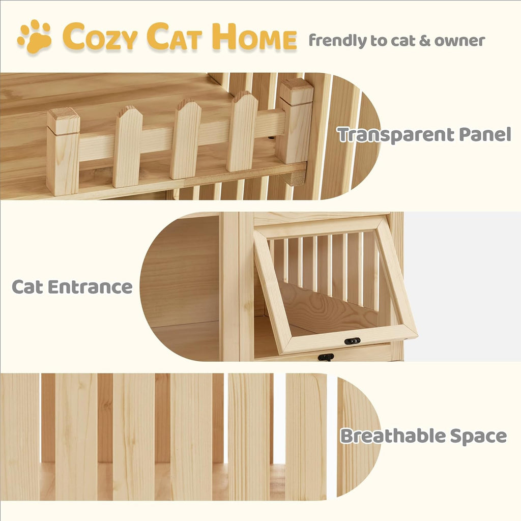 MCombo Wooden Cat Houses for Indoor Cats, Luxury Kitten House with Scratching Pad, Lockable Doors, Wheels, CT090