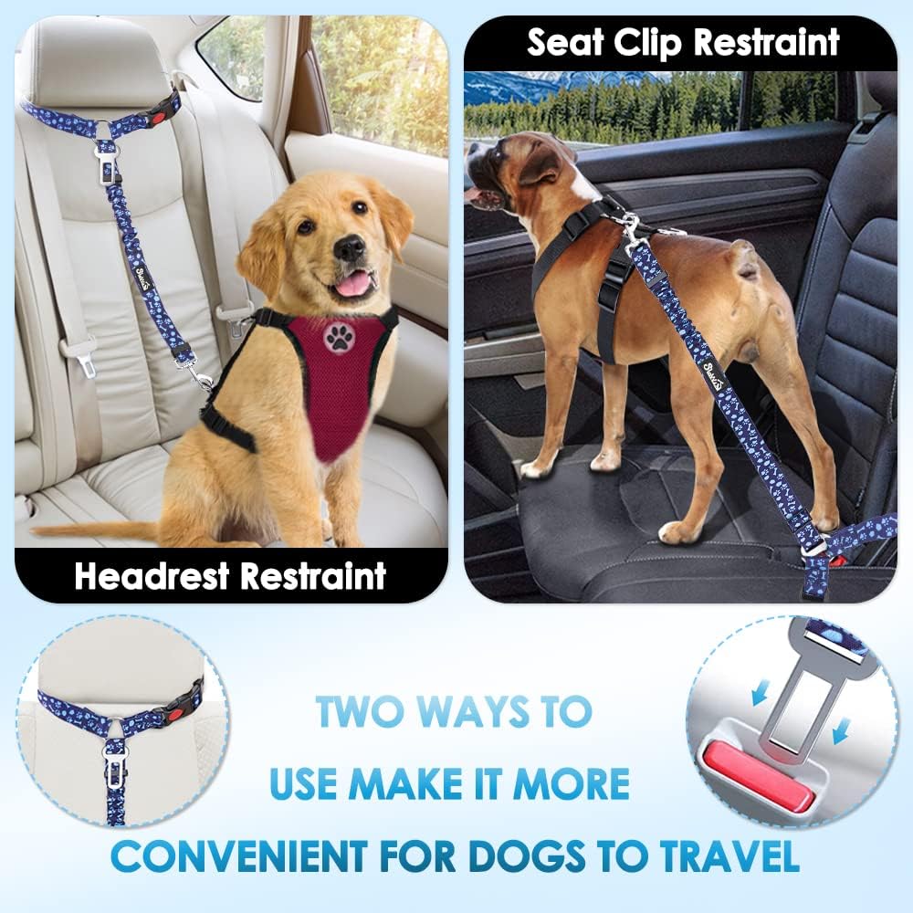 SlowTon Dog Seat Belt for Car, 2 Pack Dog Car Harness Seatbelt Adjustable with Elastic Bungee Buffer, 2 in 1 Pet Car Leash Headrest Restraint Dog Reflective Safety Tether (Blue Paw, Headrest+Clip)