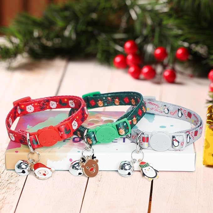 3 Pack Christmas Cat Collars Breakaway with Bell & Charm-Holiday Cat Collar for Girl Boy Cats with Safety Buckle- Cute Santa Snowman Kitten Collar Adjustable 8"-12" for Kitty Puppy Small Pets