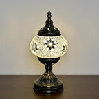 Turkish Moroccan Table Lamp Lantern with Handmade Mosaic Glass Lampshade Tiffany Style Bohemian Stained Glass Decorative Desk Lamps Bedside Night Lights for Bedroom (White Fancy)