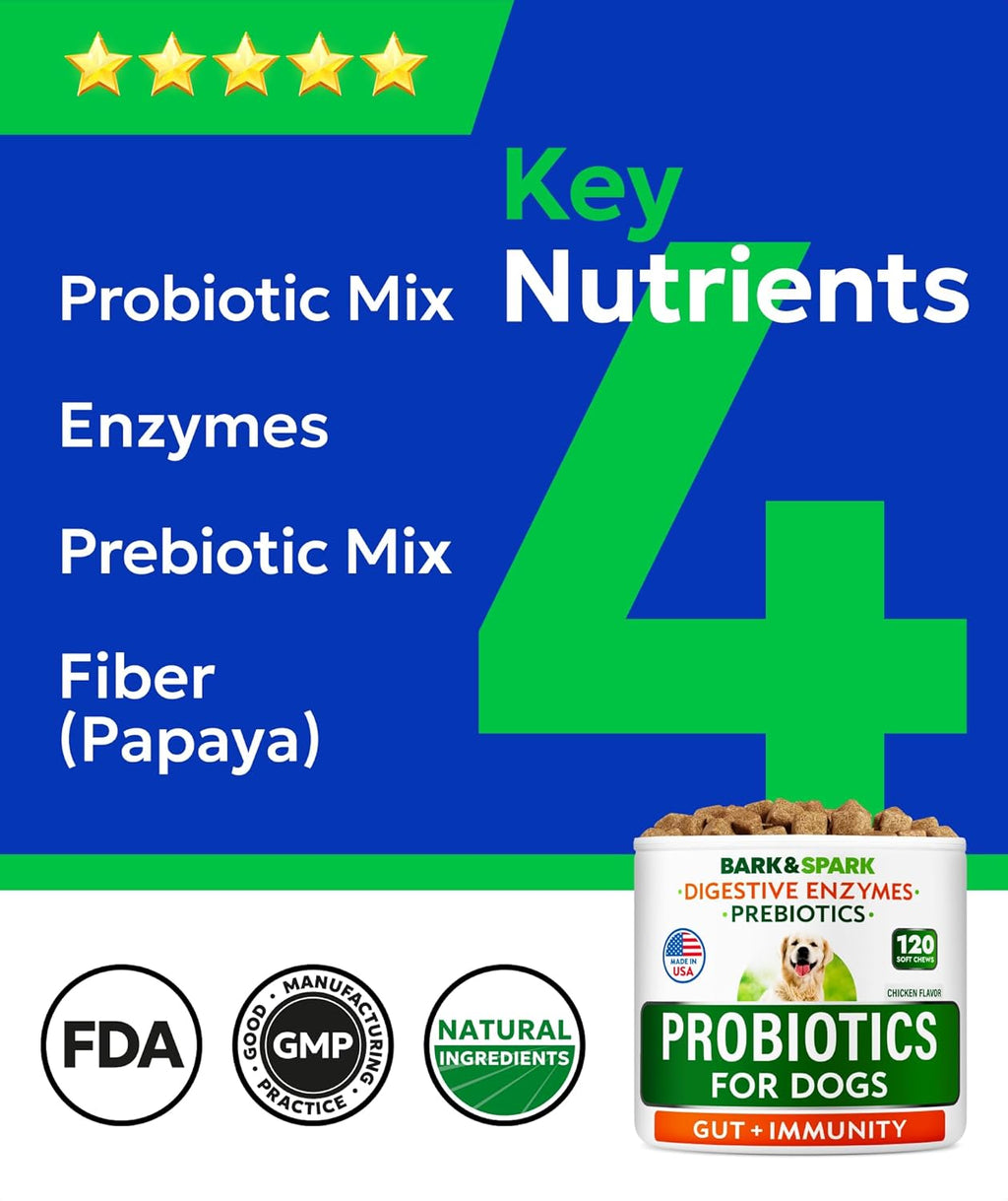 BARK&SPARK Dog Probiotics for Digestive Health w/Enzymes - Diarrhea Gas Treatment Upset Stomach Relief - Allergy & Itchy Skin - Pet Probiotics for Dogs - Digestion Supplement Treat (120Ct Chicken)