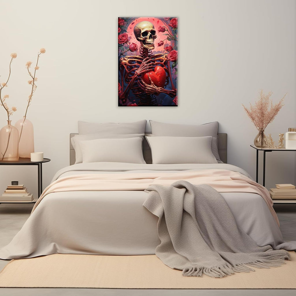 OAAPITI Skull Skeleton Canvas Wall Art Skull Holding Heart Picture Print Romantic Theme Painting Artwork Gothic Poster Wall Decor Living Room Halloween Decor(Artwork-1,24"x36")