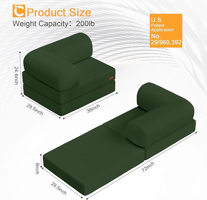 COMAX Folding Sofa Bed, Fold Out Chair Bed, Foldable Sofa, Convertible Sleeper for Adults, Futon Chair Single Small Floor Couch for Spaces, Bedroom Living Room Guest Room, Green