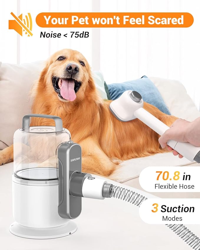 Dog Vacuum Grooming Kit for Shedding: Professional Hair Clippers Pet Groomer - Strong Suction Cleaner Deshedding Tool Fur Brush Attachment Trimmer for Home Cat (Pale White)