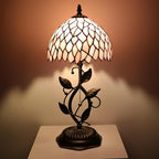 Small Tiffany Lamp Pink Leaf Style Stained Glass Table Lamps Desk Bedside Reading Light 8X8X18 Inches with Bronze Metal Leaf Resin Base