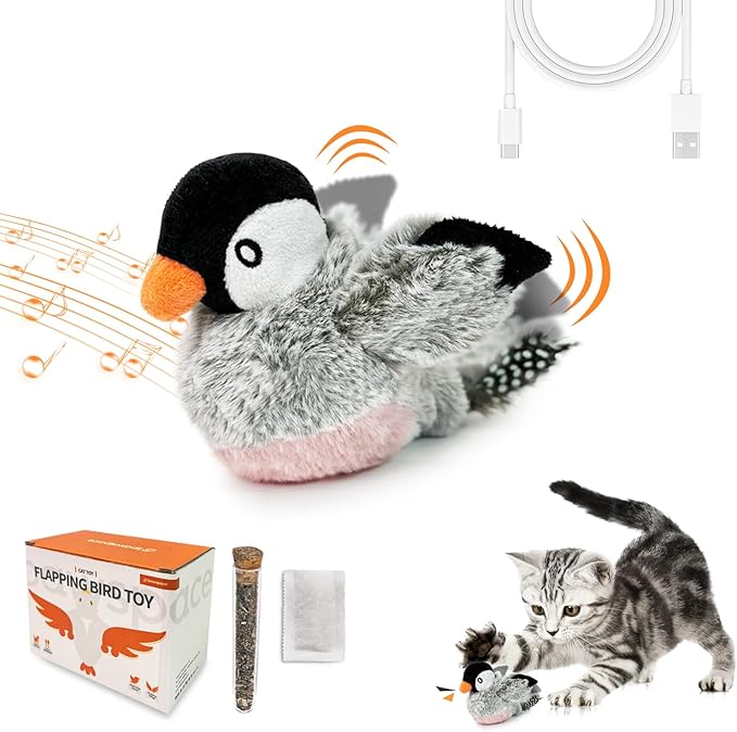 Interactive Flapping Bird Cat Toy with Catnip, Musical Sound (can Turn Off), Satisfy Cat's Natural Huting Instinct, Soft Plush Washable Cover, Moving Toy for All Breeds Cats(Gray)