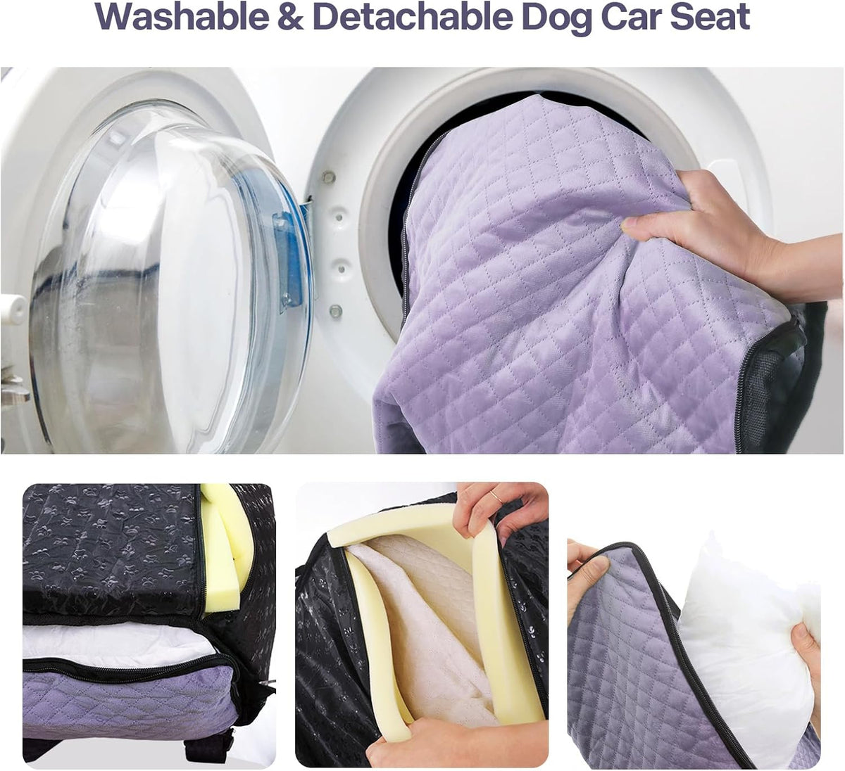 Dog Car Seat for Small Medium Dogs Up to 40lbs, Detachable Washable Soft Pet Booster Travel Bed for Front & Purple Seat with Safety Leash Belt