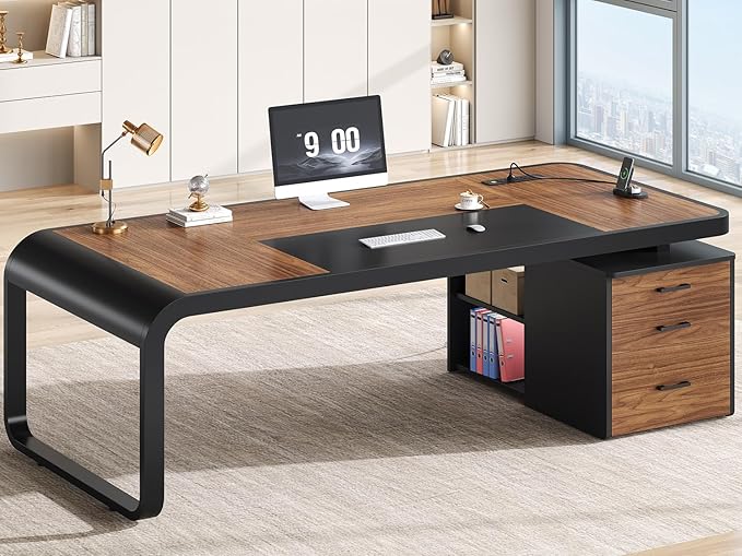 Itaar 70.9" Executive Desk, Large Computer Desk with Drawers and Lateral File Cabinet, Office Desk with Removable Shelves, Business Furniture Desk Workstation for Home Office, Brown