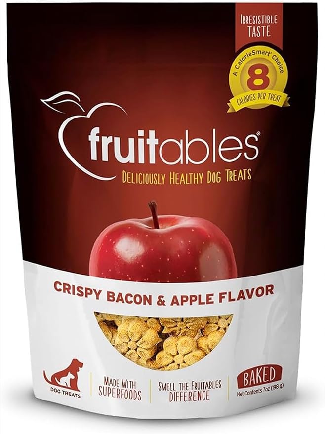Fruitables Baked Dog Treats, Healthy Pumpkin Treat for Dogs, Low Calorie & Delicious, Free of Wheat, Corn and Soy, Made in the USA, Apple and Crispy Bacon Flavor, 7oz