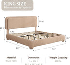 King Size Bed Frame with Headboard Adjustable, Boucle Upholstered Platform King Bed Frame, Anti-Collision Soft Rounded Corners, No Box Spring Needed, Noise-Free, Easy Assembly, Brown
