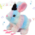 Hopearl Hopping Rabbit with Hat Interactive Electronic Pet Plush Bunny Toy with Sounds and Movements Animated Walking Wiggle Ears Twitch Nose Gift for Toddlers Birthday, Rainbow, 7''