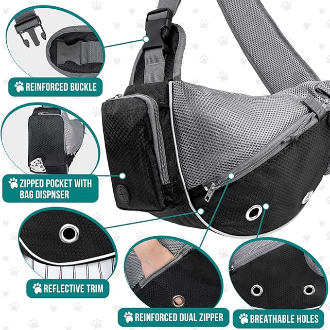 PetAmi Dog Sling Carrier for Small Dogs, Puppy Carrier Sling Purse, Dog Bags For Traveling, Carrying Bag to Wear Medium Cat, Adjustable Crossbody Pet Sling Travel Poop Bag Dispenser, Max 10 lbs, Black