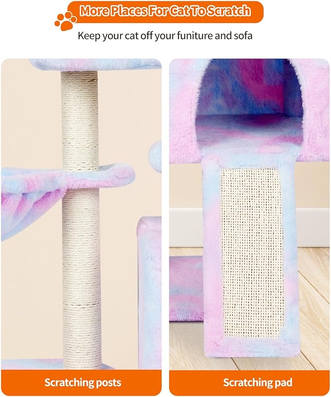 FISH&NAP Cute Cat Tree Kitten Cat Tower for Indoor Cat Condo Sisal Scratching Posts with Jump Platform Cat Furniture Activity Center Play House Rainbow