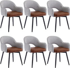 DUOMAY Modern Swivel Dining Chairs Set of 6, Linen & Faux Leather Upholstered Accent Side Chair, Home Office Desk Chair with No Wheels for Dining Room Living Room Office, Light Grey