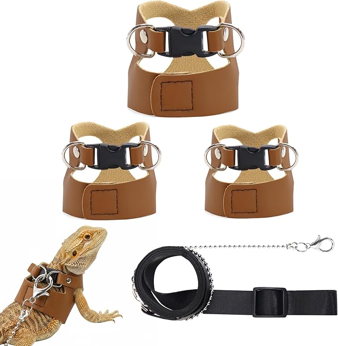 3 Pack Bearded Dragon Leash and Harness Set for Small Animals, 6.5FT Leash with 3 Sizes Adjustable Harness for Lizard Walking Adventure, Soft Vest Clothes for Squirrel Reptile Lovers -Brown