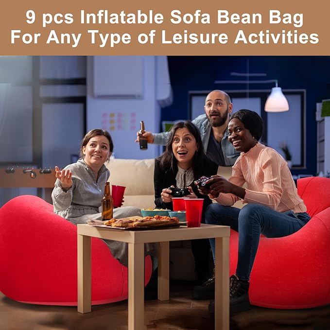 Realspring 9 Pcs Bean Bag Chairs for Adults Inflatable Chairs with Electric Air Pump,Blow up Couch Folding Portable Inflatable Couch Lazy Sofa for Reading Living Room Camping (Red)