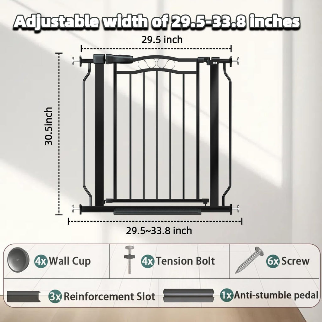 29.53"-33.85" Mornyray Auto-Close Baby Gate Extra Wide, Pressure Mounted Dog & Pet Gate for Stairs Doorways, No Drill Safety Barrier with Lace Design, Metal Child Proof Gate Indoor Outdoor, Black