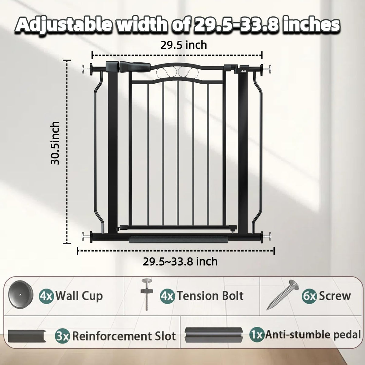 29.53"-33.85" Mornyray Auto-Close Baby Gate Extra Wide, Pressure Mounted Dog & Pet Gate for Stairs Doorways, No Drill Safety Barrier with Lace Design, Metal Child Proof Gate Indoor Outdoor, Black