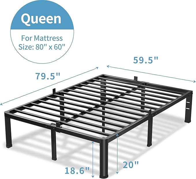 20 Inch Queen Bed Frame, 3500Lbs Heavy Duty Metal Platform with Round Corner Legs Mattress Slide Stopper, Steel Slat Support No Box Spring Needed, Noise Free, Non-Slip, Easy Assembly