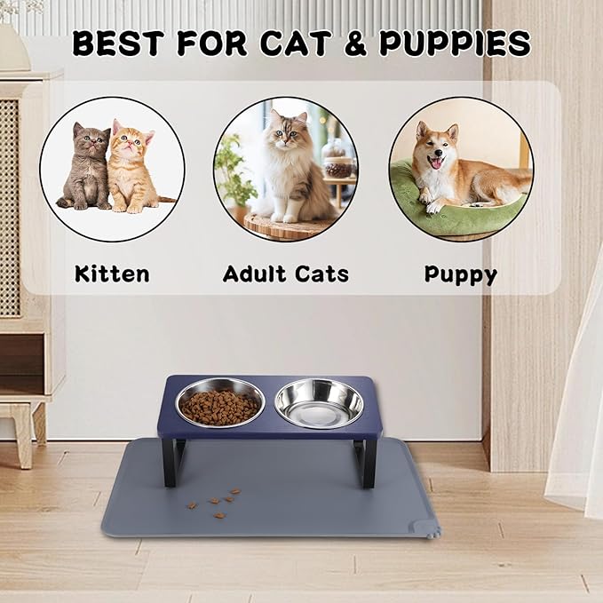 Upgraded Elevated Cat Bowls with Food Mat,15°Tilted Stand Anti Vomiting Raised Cat Dishes for Food and Water,2 Stainless Steel Bowls for Cats and Puppies（Navy Blue）