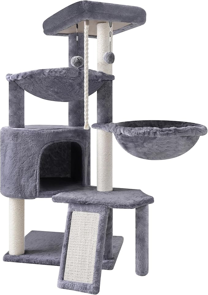 Xin Three Layer Cat Tree with Cat Condo and Two Hammocks,Grey