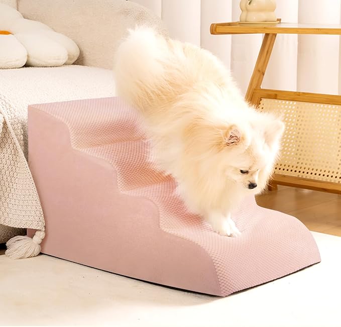 Dog Stairs for Small Dogs, High Density Foam Dog Steps, Extra Wide Non-Slip Pet Ramp for High Beds Or Couch, Soft Doggie Ladder for Dogs Injured, Older Pets, Small Cats, 4 Steps, Pink