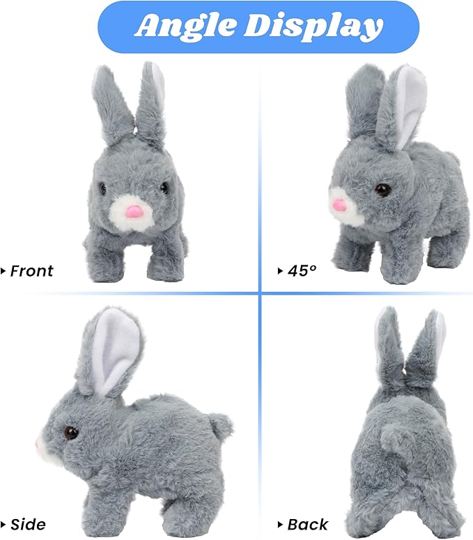 Hopearl Hopping Rabbit Interactive Electronic Pet Plush Bunny Toy with Sounds and Movements Animated Walking Wiggle Ears Twitch Nose Gifts for Toddlers Birthday, Gray, 7''