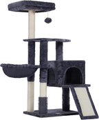 Heybly Cat Tree with Cat Self Groomer Brush, Cat Tower Condo for Indoor Cats with Padded Plush Perch, Cat House with Basket Scratching Board Post, Smoky Gray HCT005SG