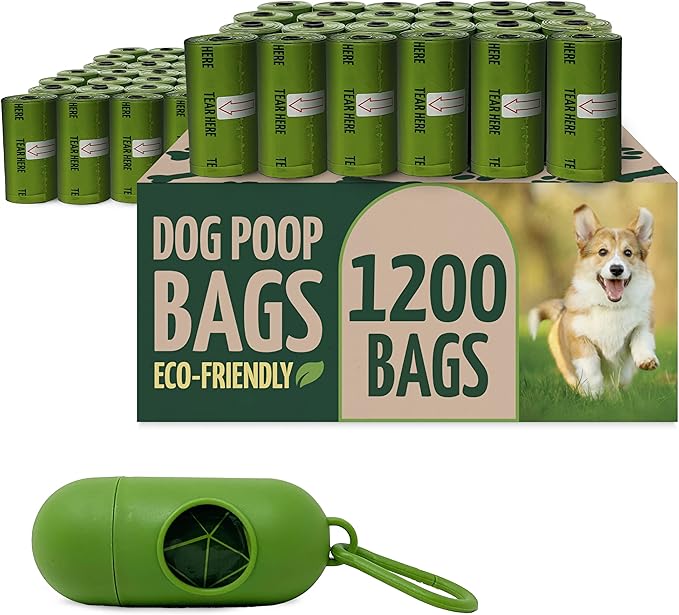 Reli. Biodegradable Dog Poop Bags w/Holder (1200 Count - 80 Rolls Bulk) | Leash Clip Dispenser | 9x13" Large Dog Bags for Poop | Green Eco-Friendly Oxobiodegradable Waste Disposal Refills (Unscented)