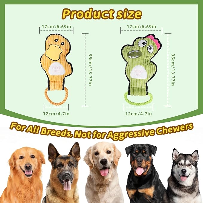 2-Pack Squeaky Dog Toys & Tough Tug of War Set - No Stuffing Chew-Resistant Plush Toys to Keep Them Busy, Best Birthday Gift for Small/Medium/Large Breeds (Ducks & Dino)