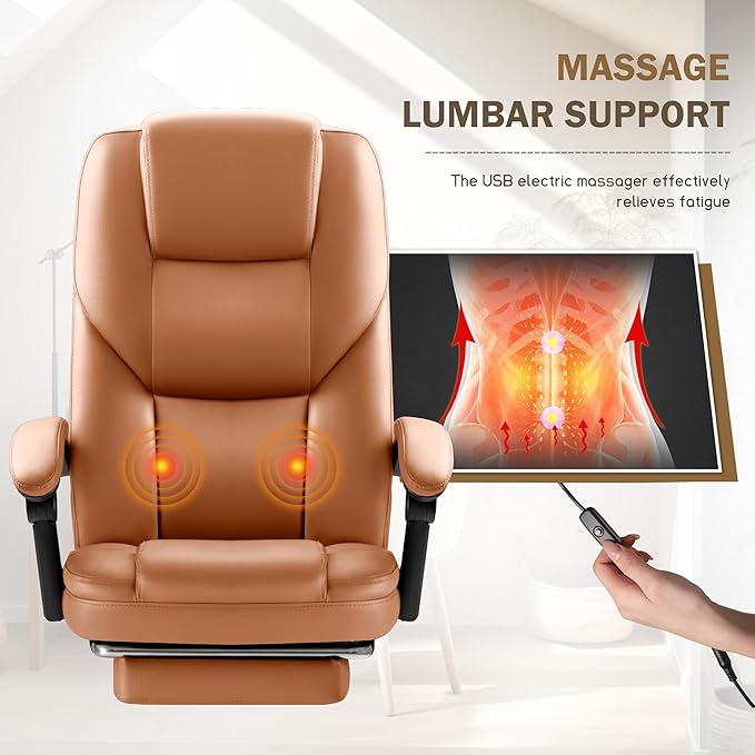 Furmax Executive Office Chair with Foot Rest Big and Tall Office Chair Ergonomic Home Office Desk Chairs Reclining High Back Leather Chair with Lumbar Support, 400LBS (Brown)